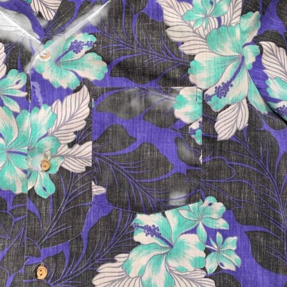 Vintage Hawaiian Printed Aloha Shirt Purple Green Hibiscus Floral Short Sleeve - Picture 3 of 6